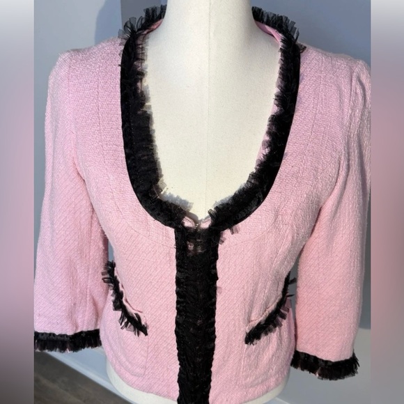 INC Textured Jacket/Blazer Eyelash Trim Pink/Black Women's Small Fitted Short - Picture 1 of 7
